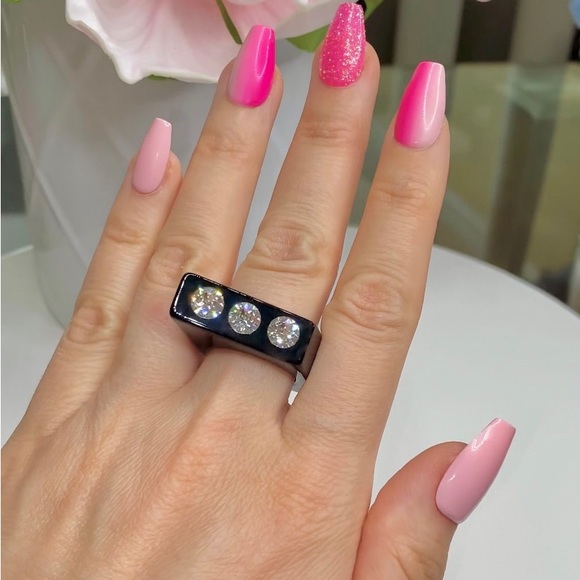 Black Acrylic Statement Ring Embellished With Genuine Crystals, Geometric Design - Picture 5 of 13